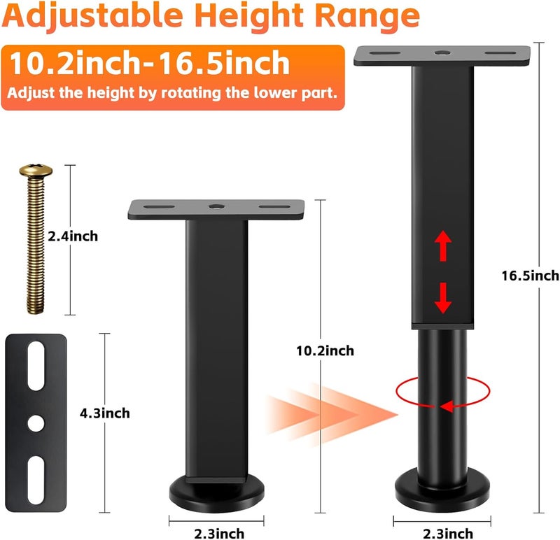 NESAPTO 4PCS Adjustable Height Bed Support Legs, 10.2-16.5In, Metal Heavy Furniture Legs with Rubber Non-Slip for Sofa/Cabinet/Couch/Dresser/Table, Furniture Feet Replacement for King Queen Bed Frame Slat - Image 2